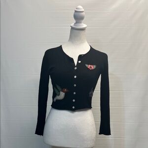 DAR black cardigan / felt bird ,flowers embroidered  on sweater  XS